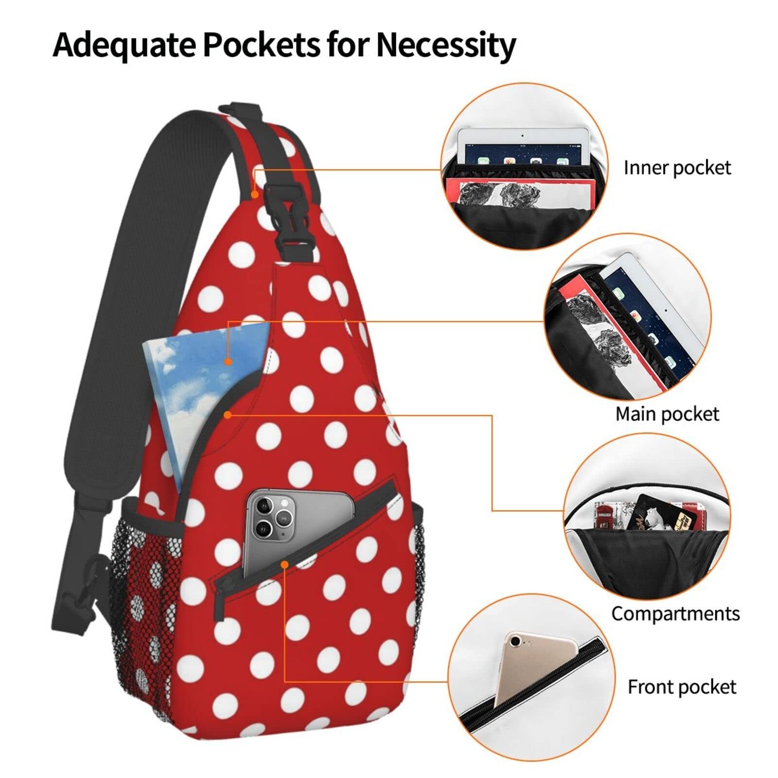 Red White Polka Dot Sling Backpack, Crossbody Shoulder Bag, Women Men, Hiking