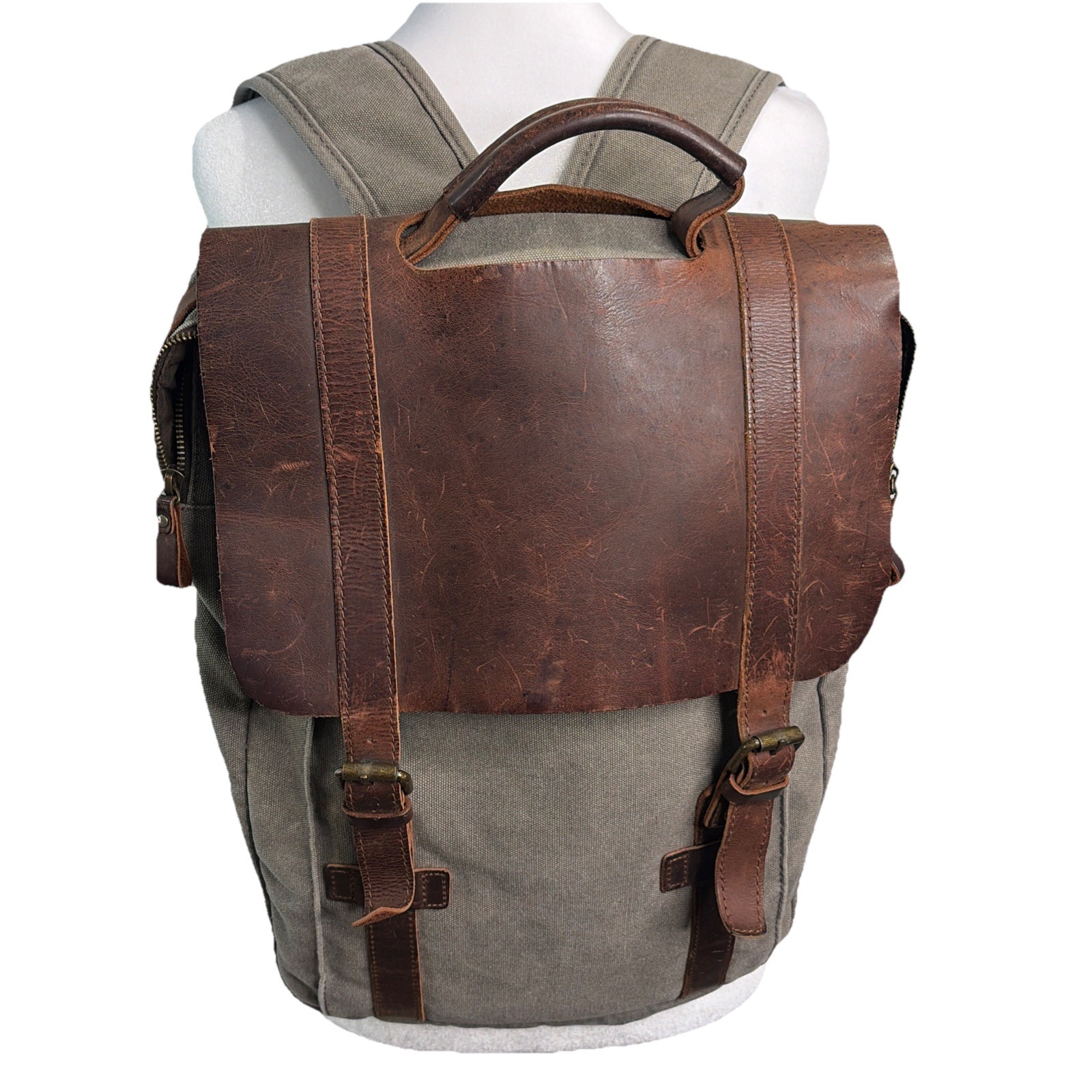Canvas & Leather Laptop Backpack Men’s Gray Brown Rucksack Rugged Bag Retro