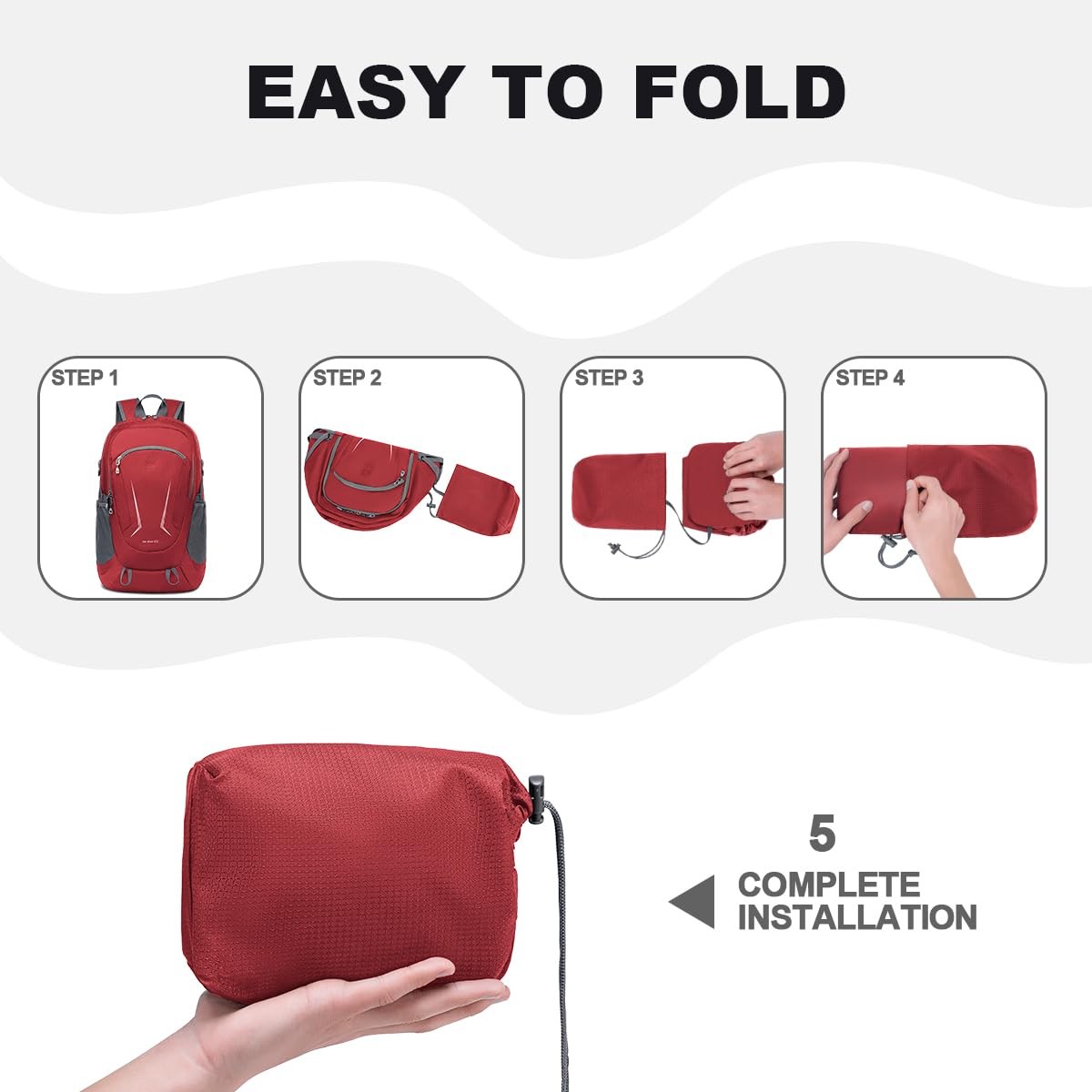Backpack Ultra Lightweight Packable 45L Hiking Red, Waterproof Foldable Daypack