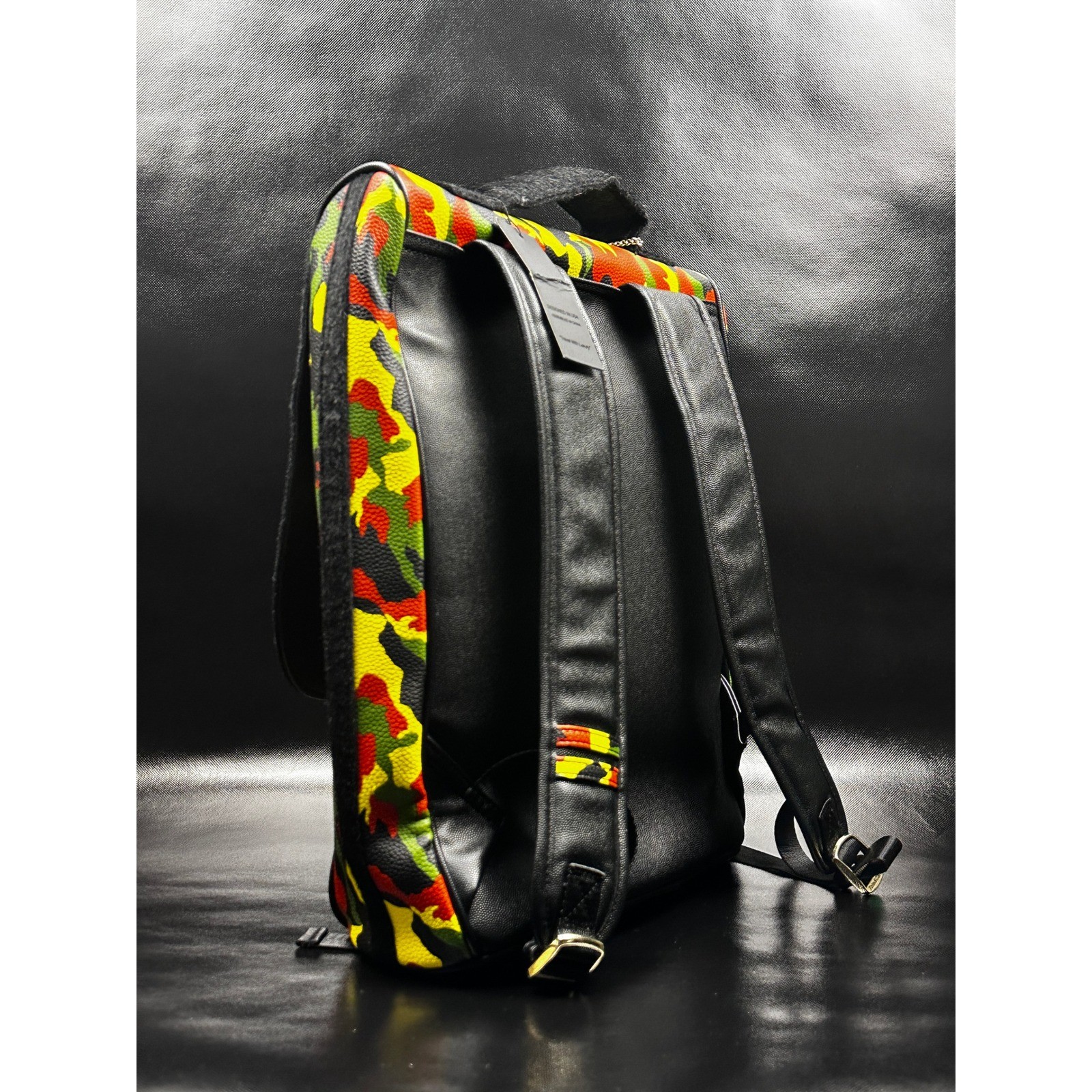 Colorful Camo Flap Backpack – Front Zipper Pocket, Faux Leather, Multicolor