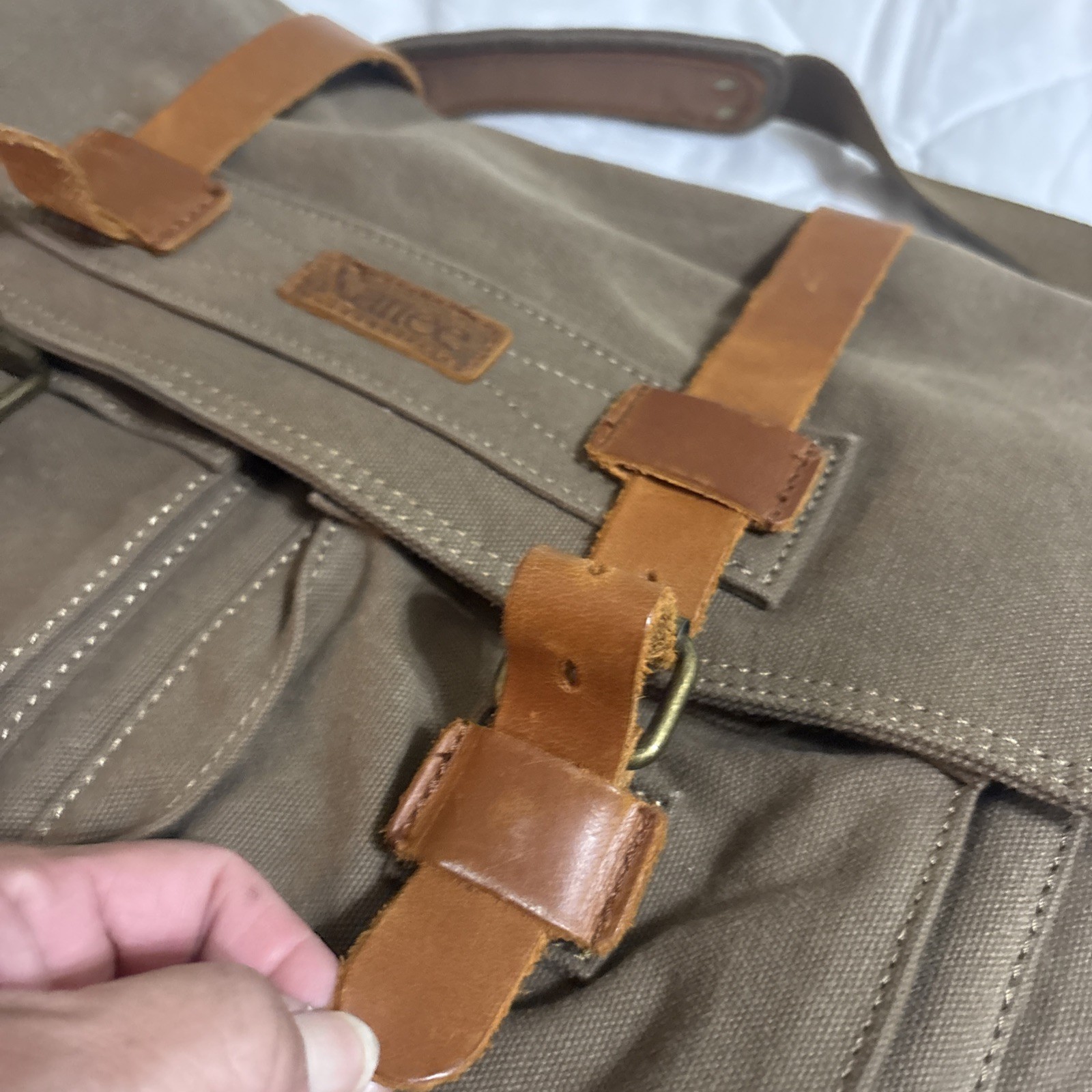 Kattee Canvas Messenger Bag Brown Leather Straps Snap Buckle Zip Adjustable Flap