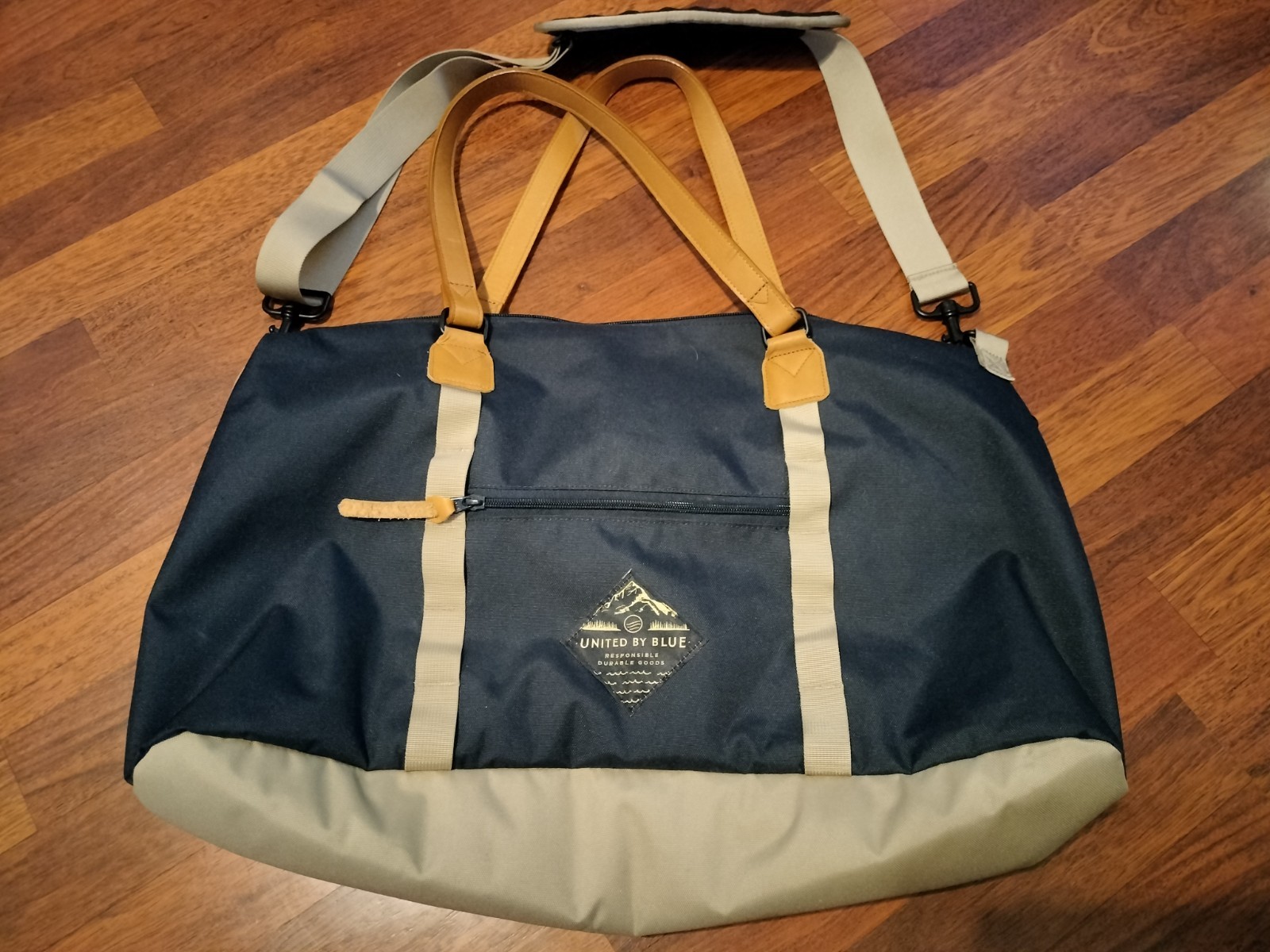 United By Blue Trail Bag Navy Tan Recycled Polyester with Vegetable Tan Leather