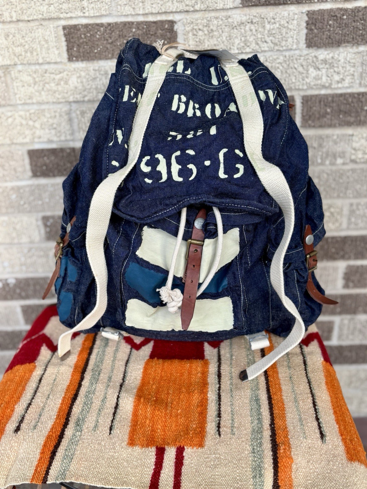 RRL Double RL Denim Patchwork Backpack Men Adjustable Strap Exterior Pockets