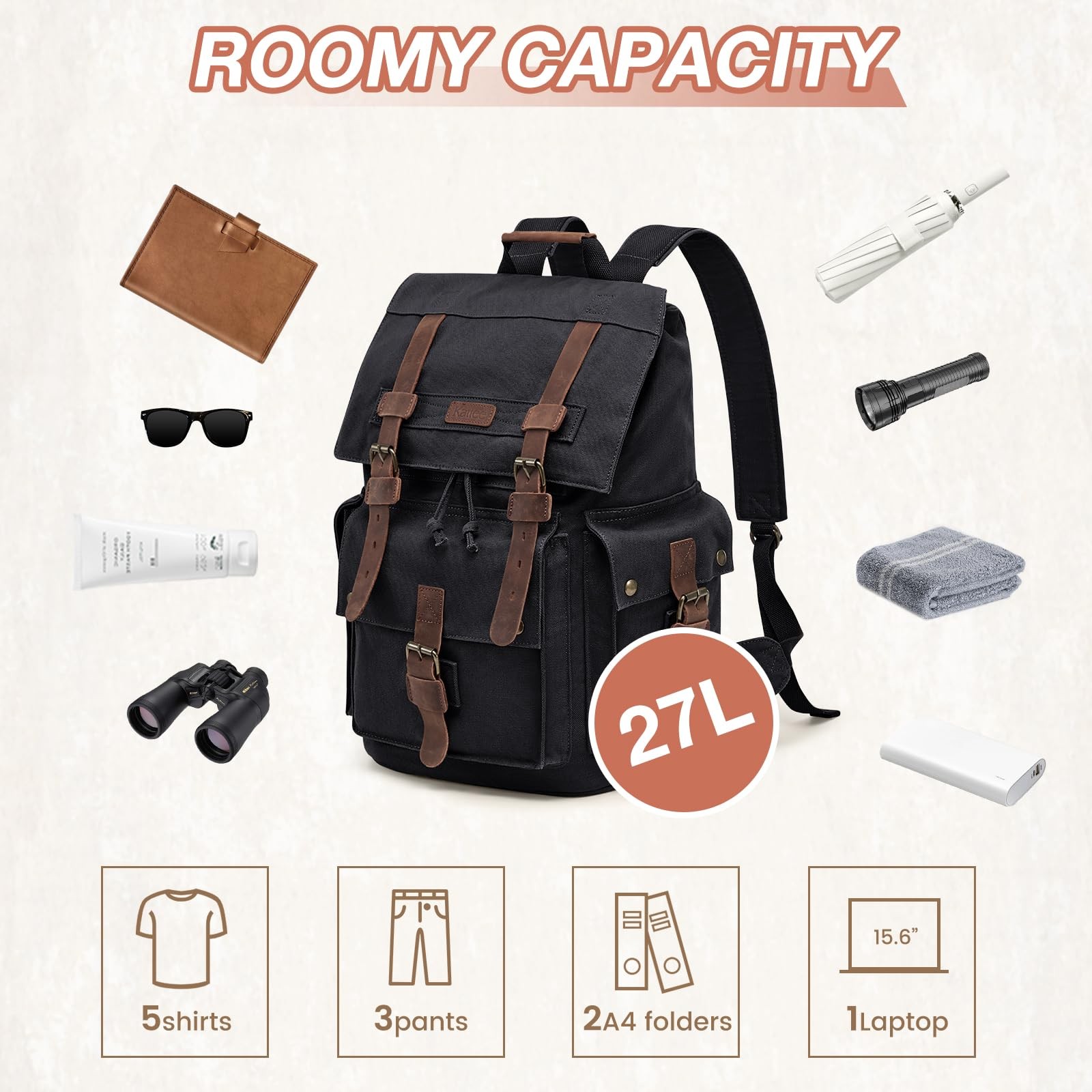 Men’s Black Leather Canvas Backpack Large School Bag Travel Rucksack Pack