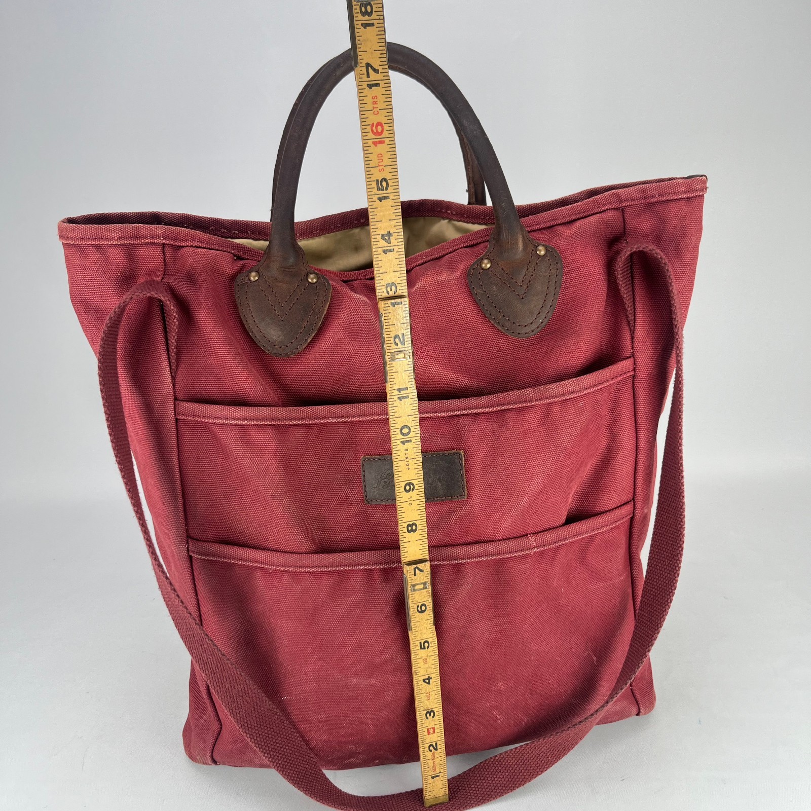 LL Bean Stonington Tote Bag Script Tag Canvas Dark Red Maroon Leather Handles