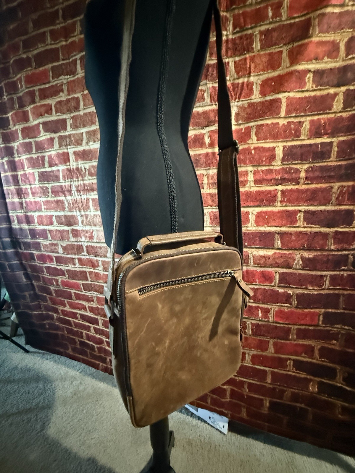 Brown Bomber Leather Crossbody Bag Zip Closure Adjustable Strap Unisex Casual
