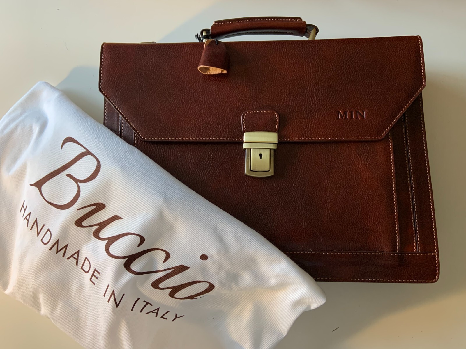 NEW Buccio Handmade Italian Leather Briefcase Shoulder Strap CANNELLA BROWN $950