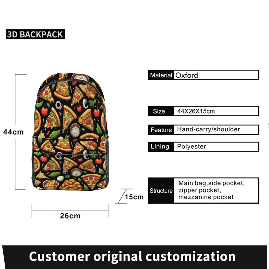Tasty Pizza Pattern On Black Background AOP Travel Backpack 17.3″ x 10.2″ x 5.9″