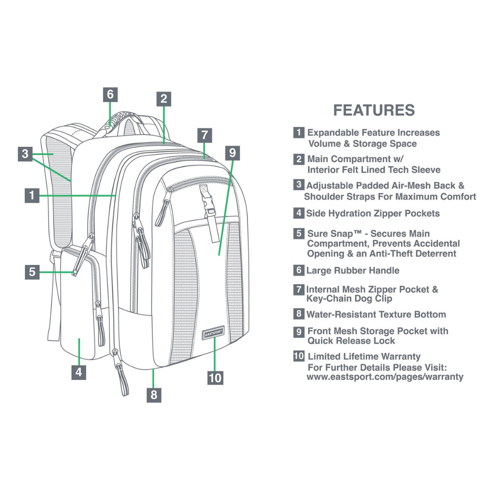 Eastsport Unisex 19″ Expandable Backpack, Padded Laptop Sleeve, Recycled Fabric