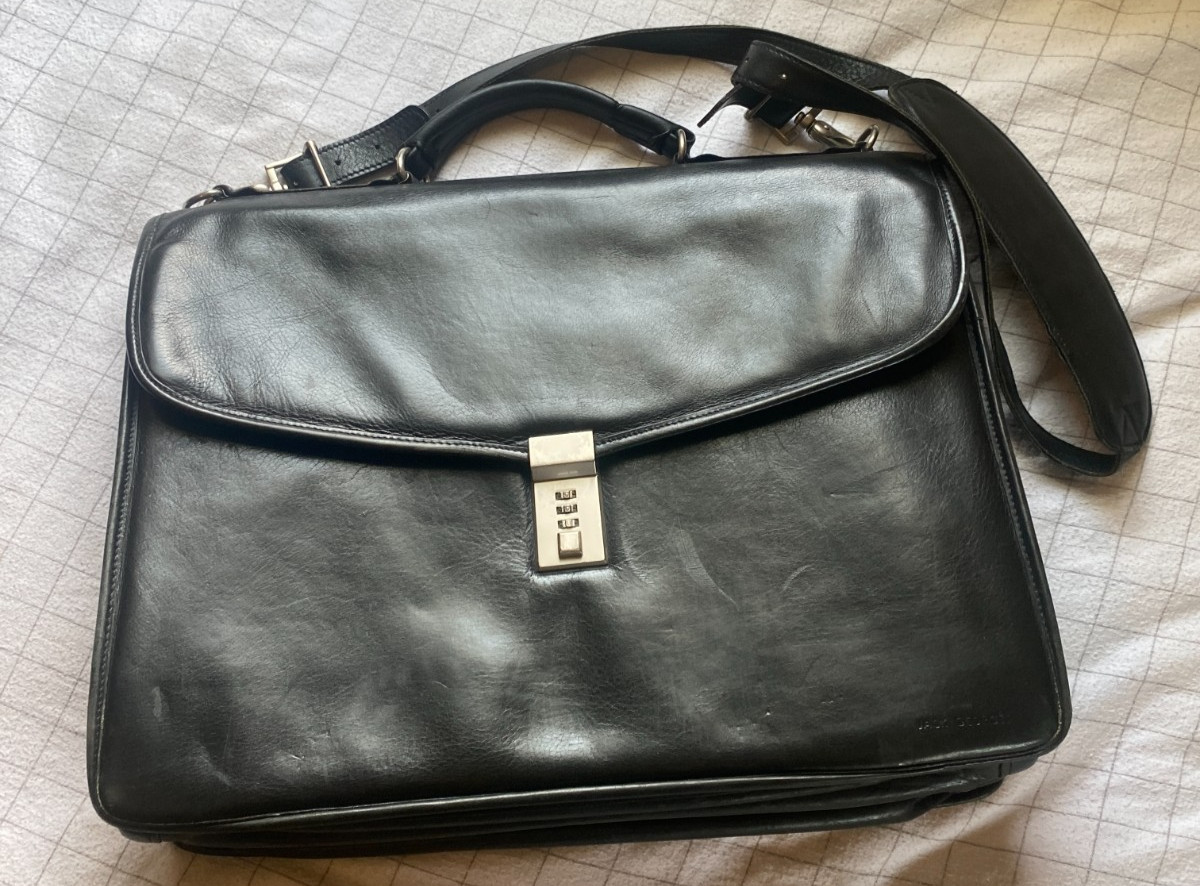 vintage Jack Georges black leather briefcase w/ combination lock