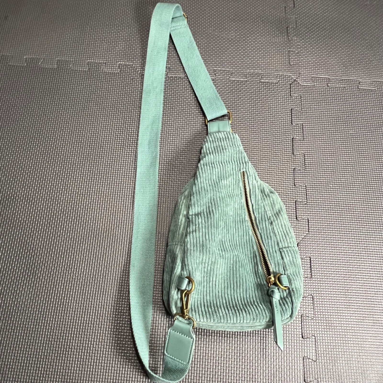 Corduroy Sling Backpack With Adjustable Strap & Gold Accents Mint Green Casual D