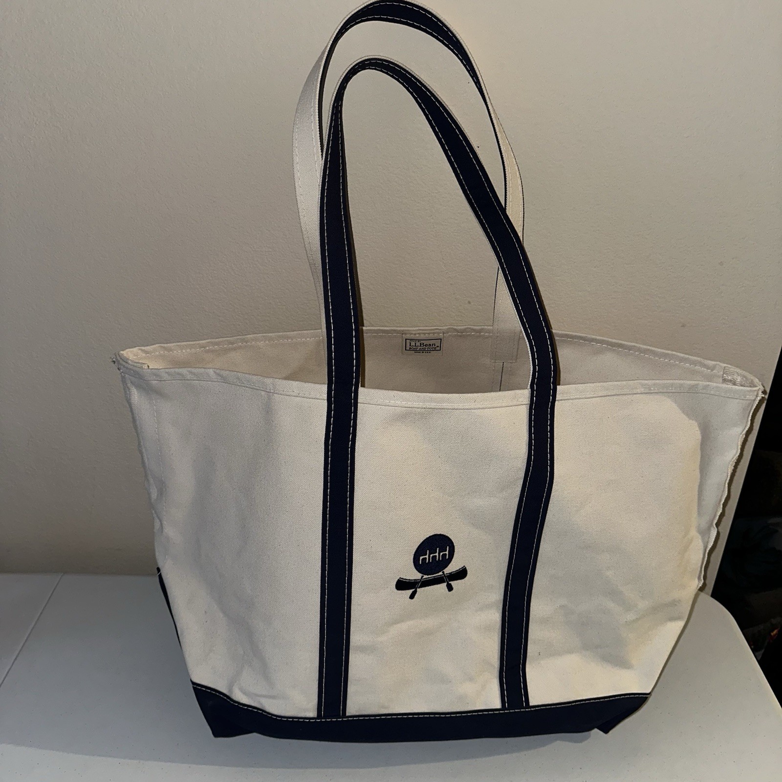 Vintage LL Bean Boat and Tote Bag XL Dark Navy Canoe/Paddles Stiff Canvas USA