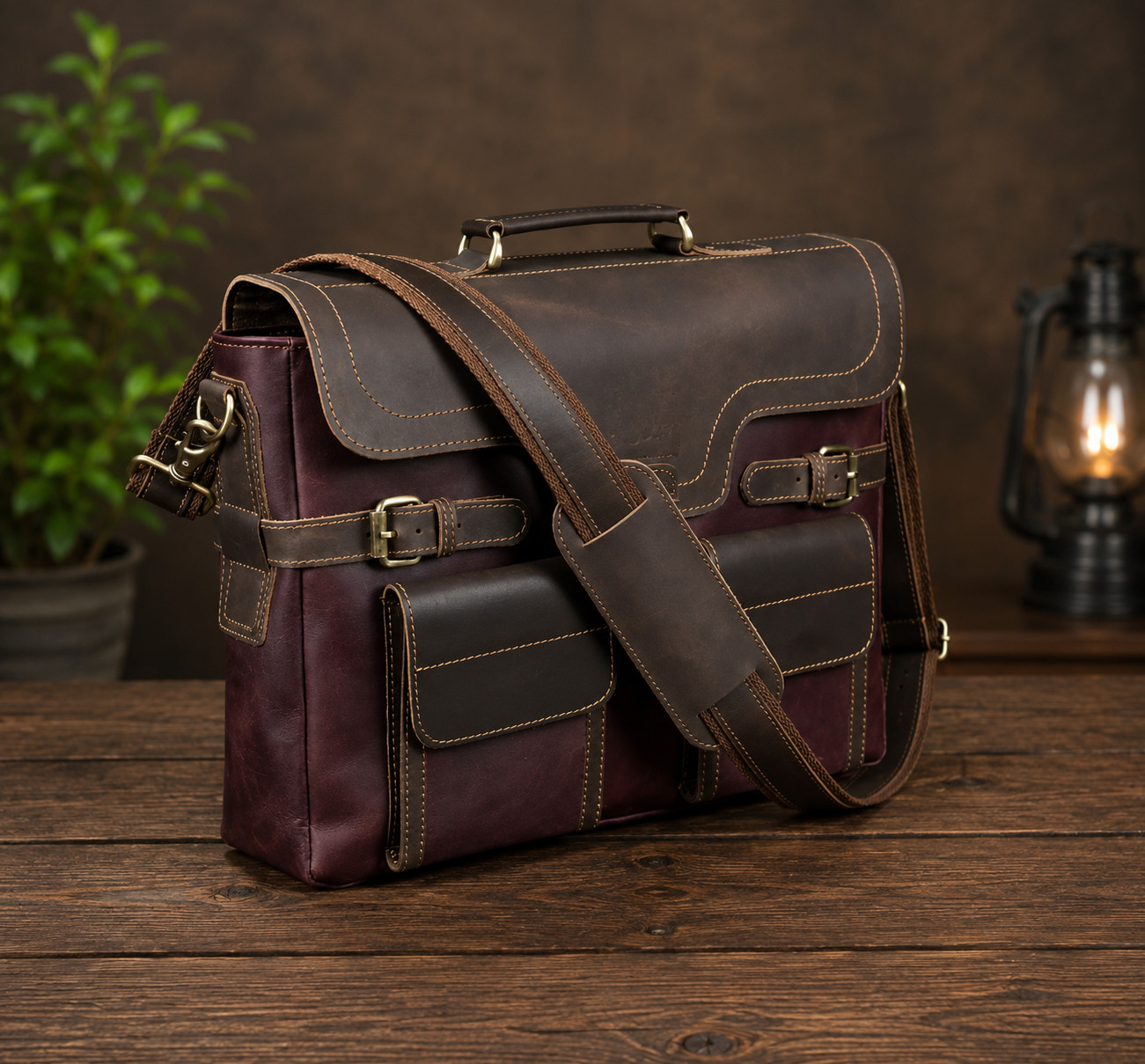 Vintage Handmade Leather Bag for Laptop two colour contrast