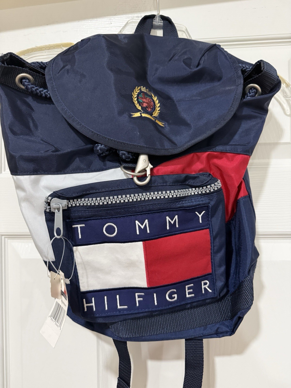 VTG 90s Rare Tommy Hilfiger Spell Out Logo Cinch Backpack With Crest Logo