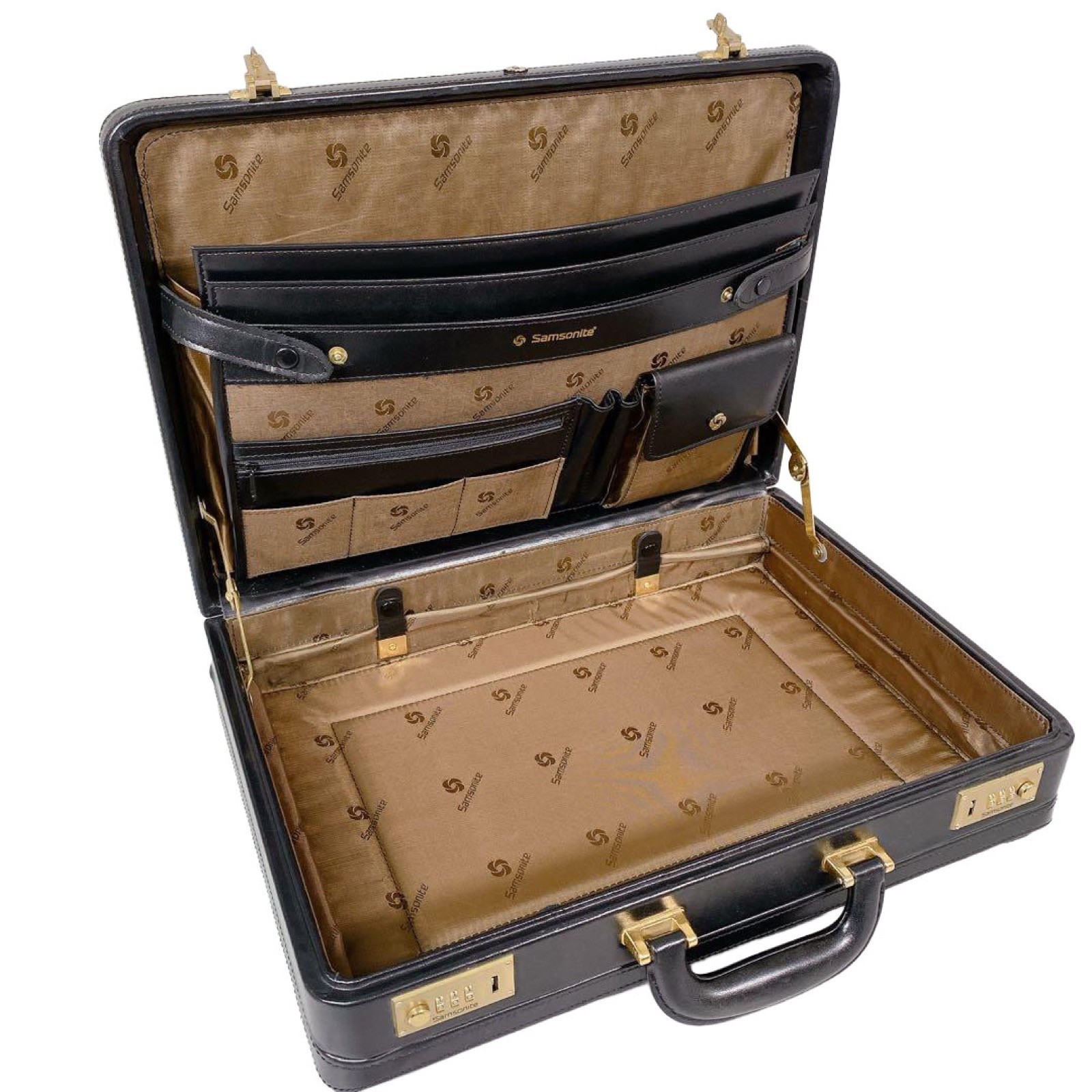Samsonite Executive Leather Hard Attache Case Black & Gold Tumbler 1993 VINTAGE