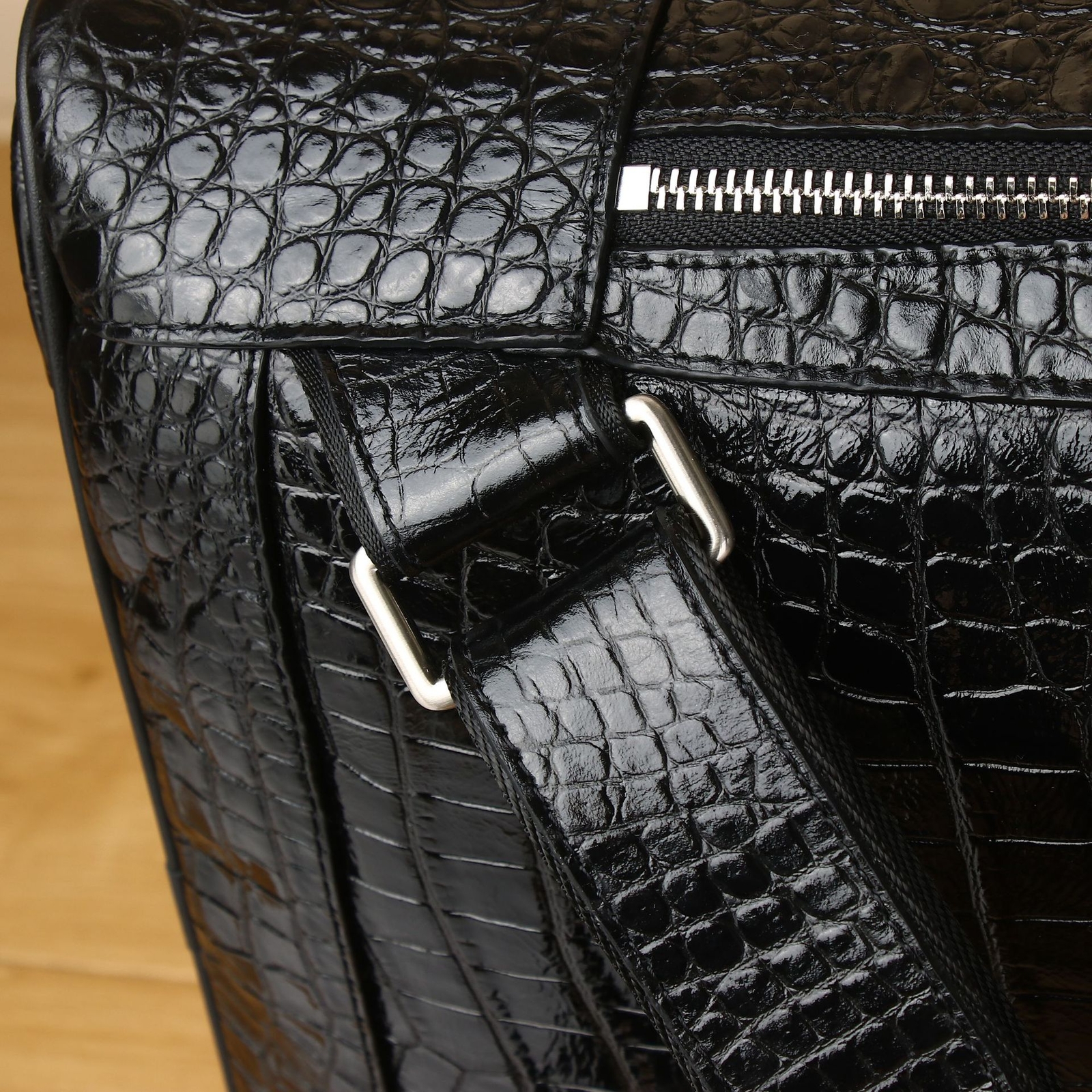 Top Cowhide Leather Black Backpack Crocodile Belly Pattern Men’s Travel Rucksack