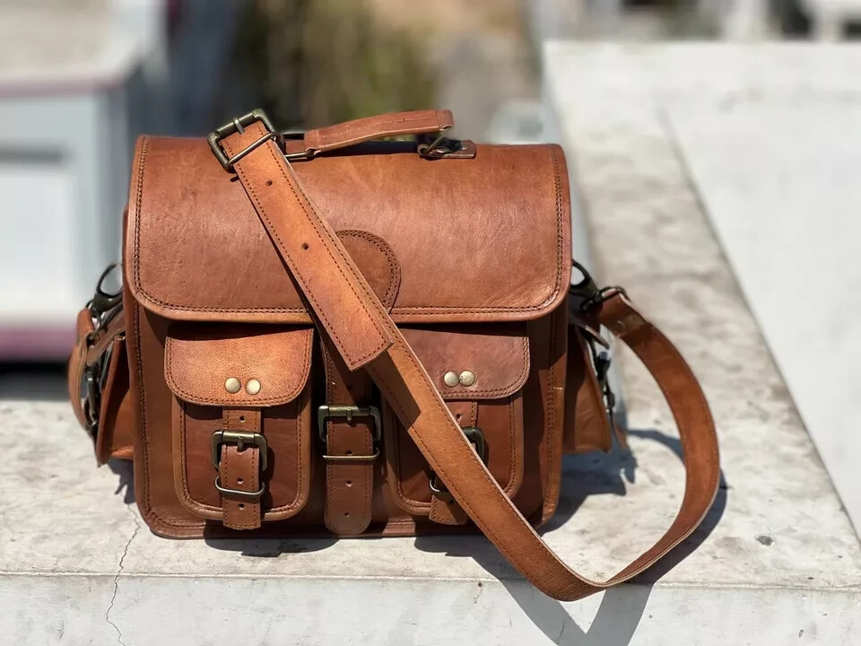 Men’s 15″ Wide Vintage Leather Messenger Shoulder Laptop Bag Briefcase # Durable