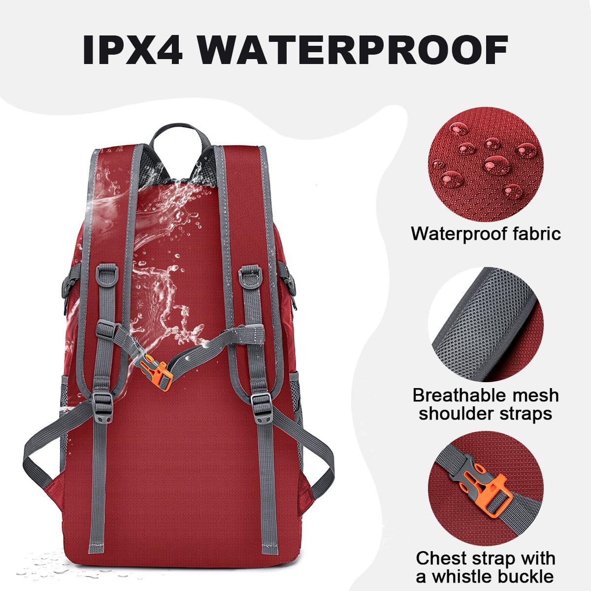 Backpack Ultra Lightweight Packable 45L Hiking Red, Waterproof Foldable Daypack