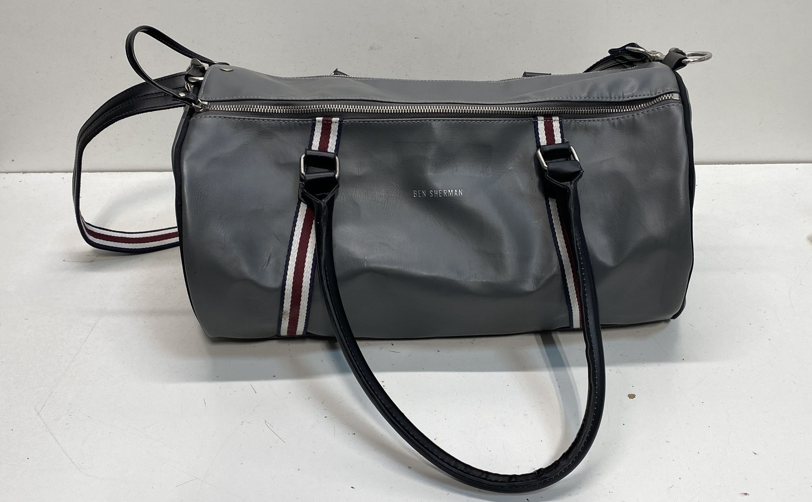 Ben Sherman Grey Faux Leather Barrel Duffel Bag Striped Strap Weekender