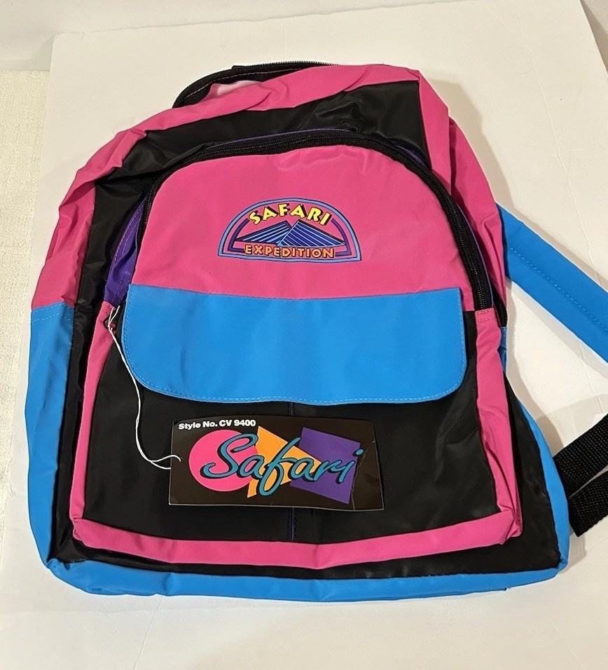 Vintage Safari Expedition Backpack Neon Pink Blue Retro 80s 90s Style School Bag