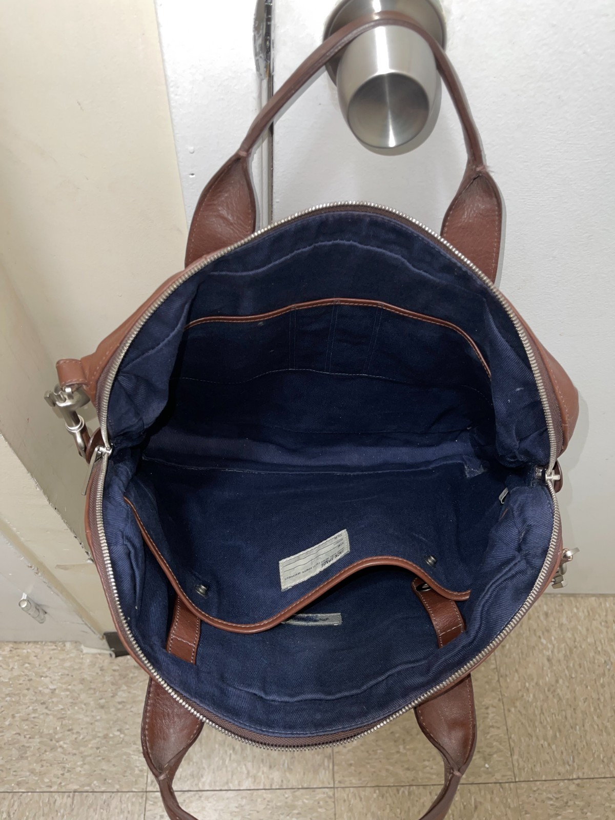 Jack Spade Mens Brown Leather Messenger Laptop Bag W Canvas Straps Career Work