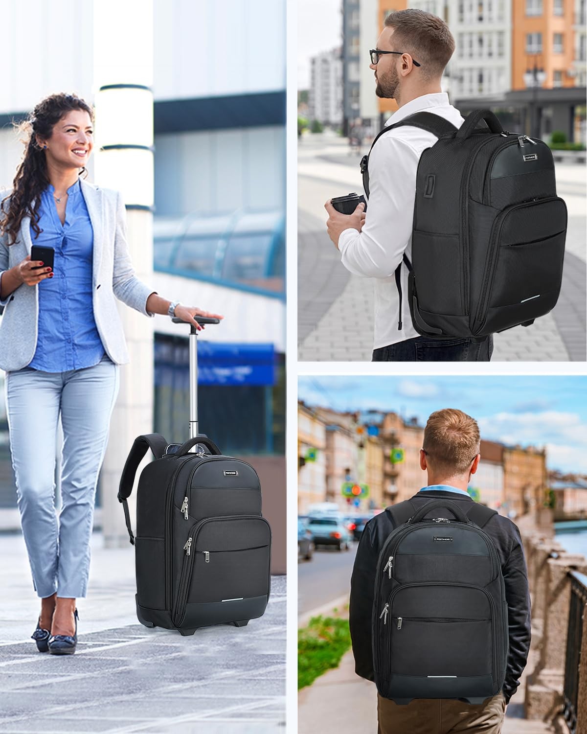 Rolling Backpack, 30L Travel Laptop Backpack with Wheels, 15.6 Inch Roller Ca…
