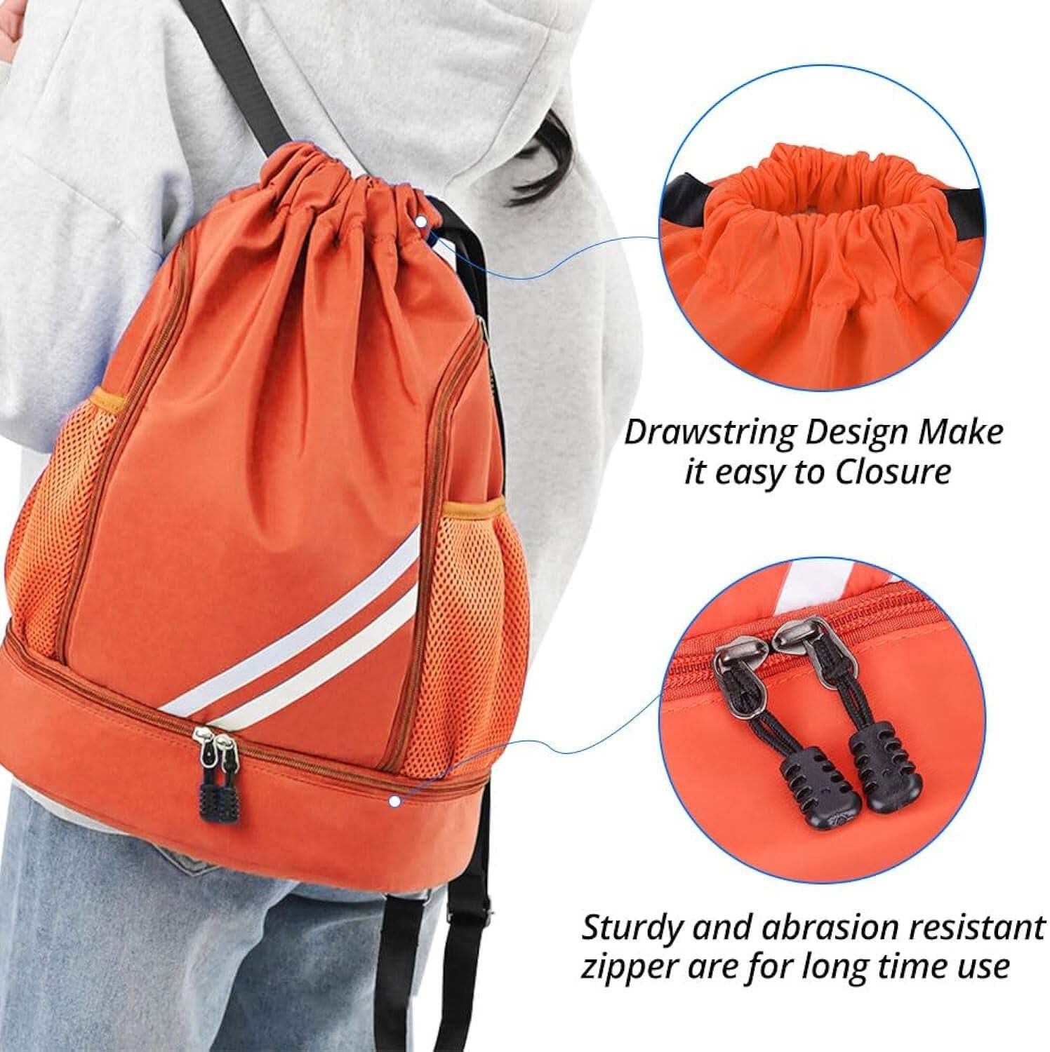 Ball Bag Drawstring Backpack, Sports Gym Bag with Shoes Compartment Side Mesh Po