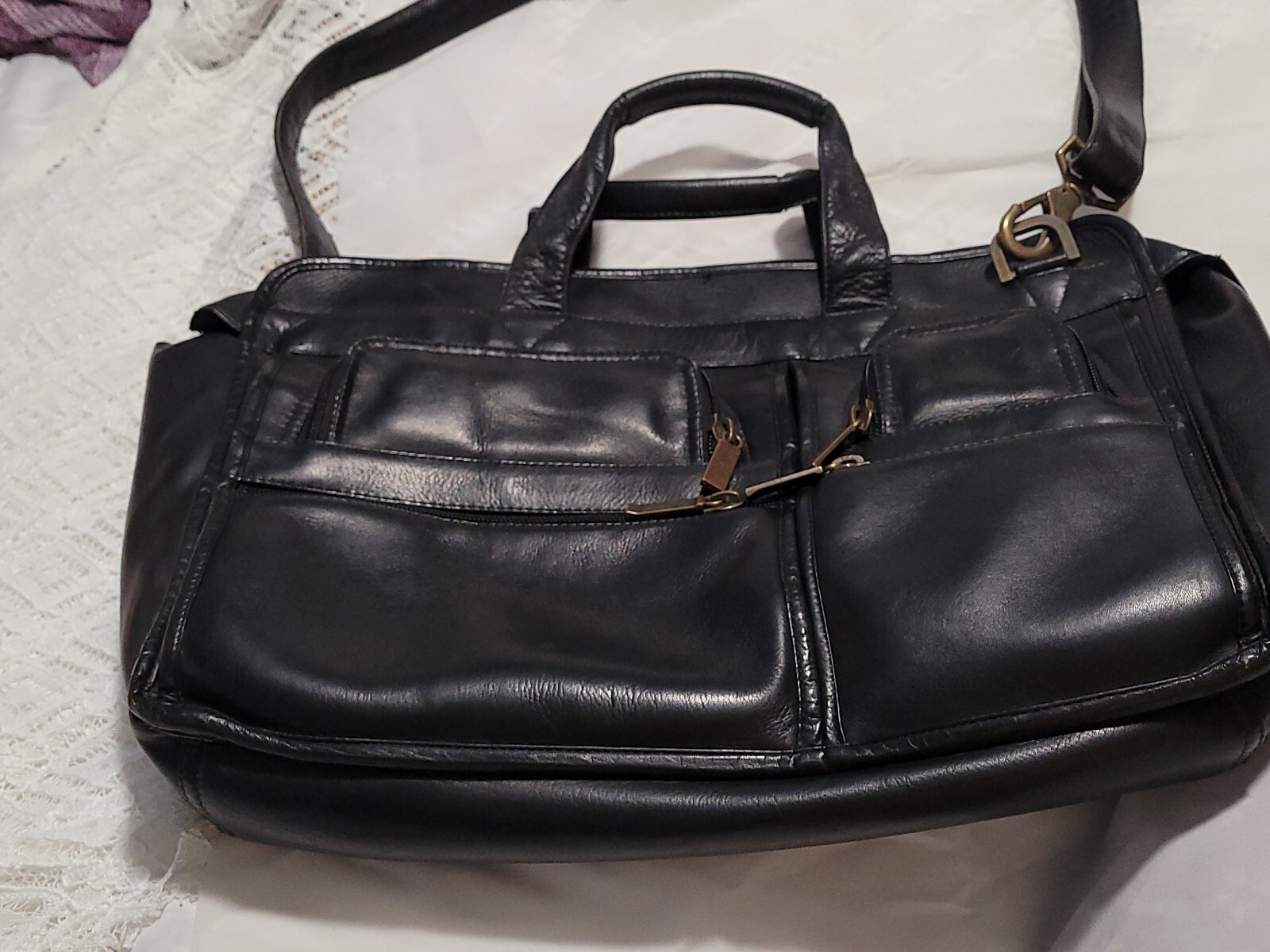 Claire Chase Black Leather Briefcase Laptop Bag Zipper To Access Luggage Handle