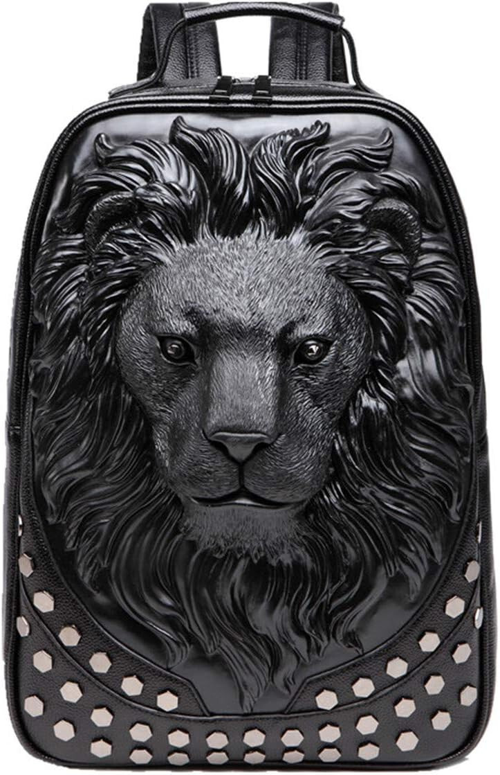 3D Lion Backpack Designer Vegan Leather Rivets Black Large Unique Attractive New