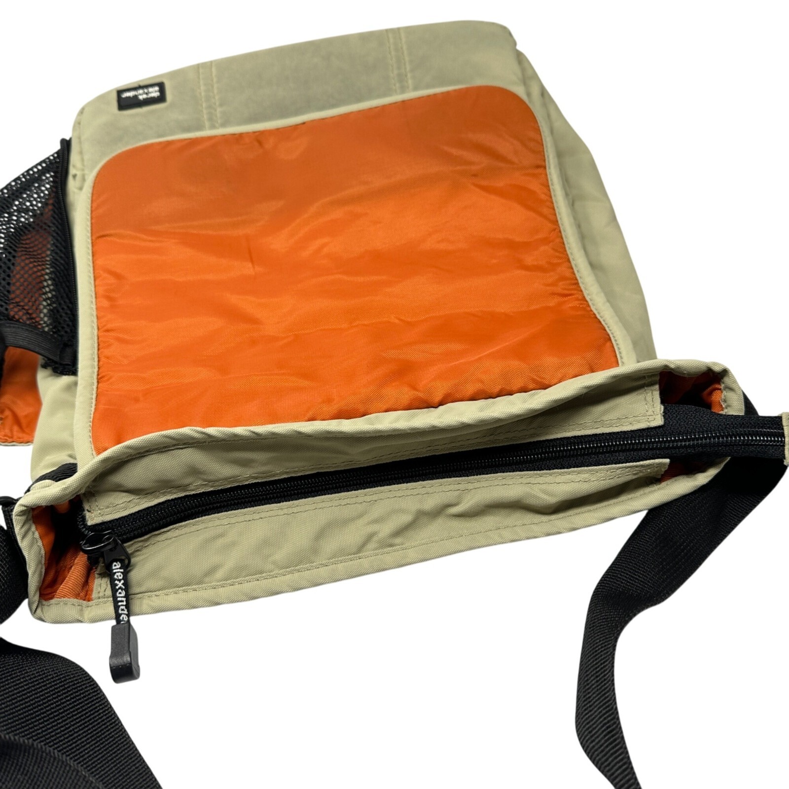 Derek Alexander Crossbody Messenger Bag Beige Black Orange Multi Pocket Hiking