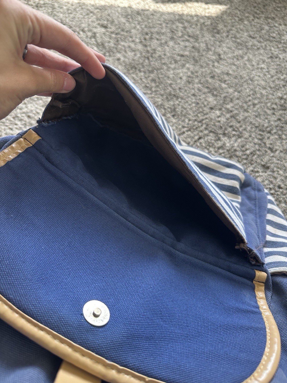 Blue And White Striped Backpack With Charging Port Lots Of Pockets