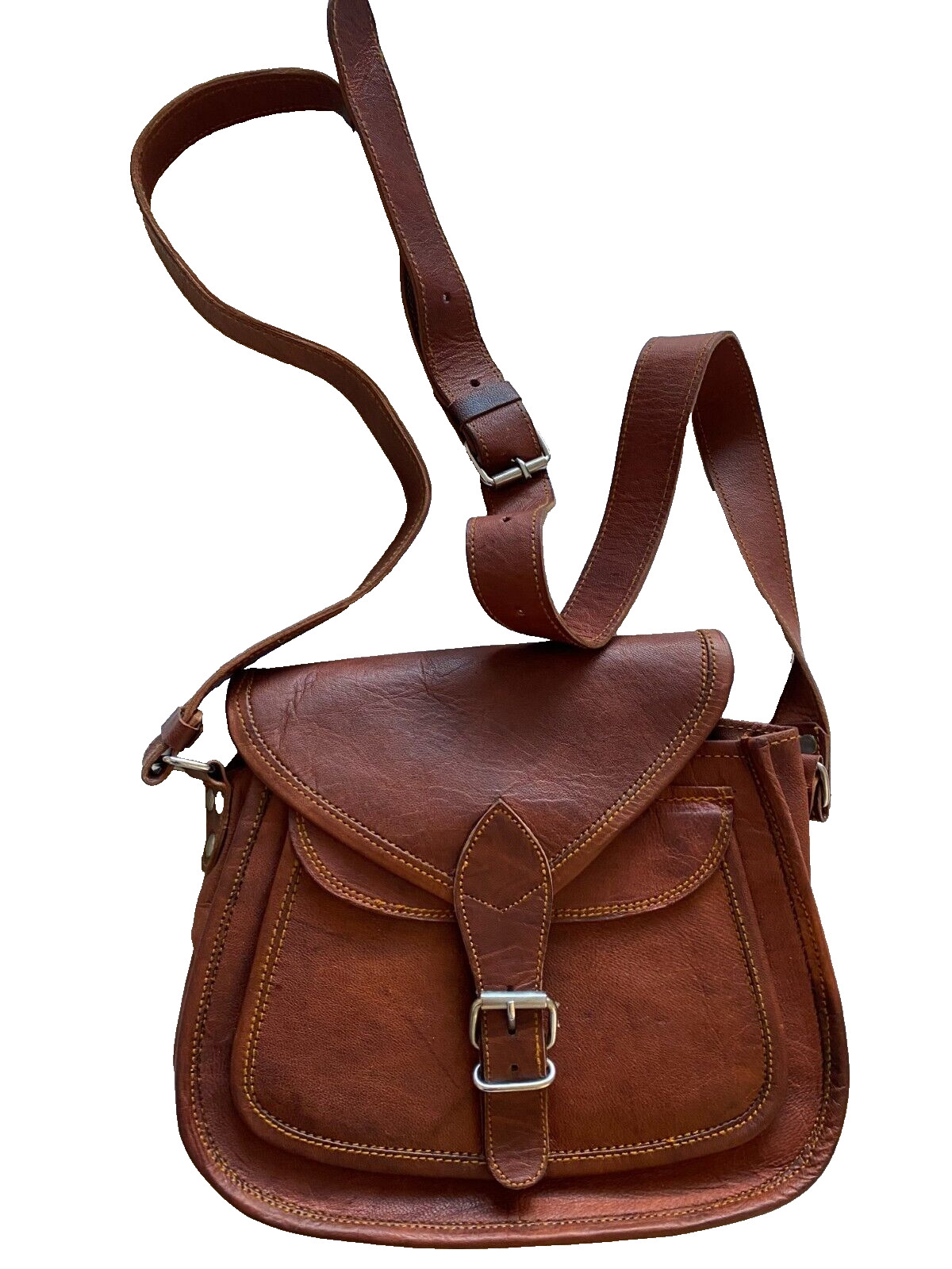 Komal’s Passion Leather Rugged Brown Satchel Shoulder Side Handbag Bag EUC