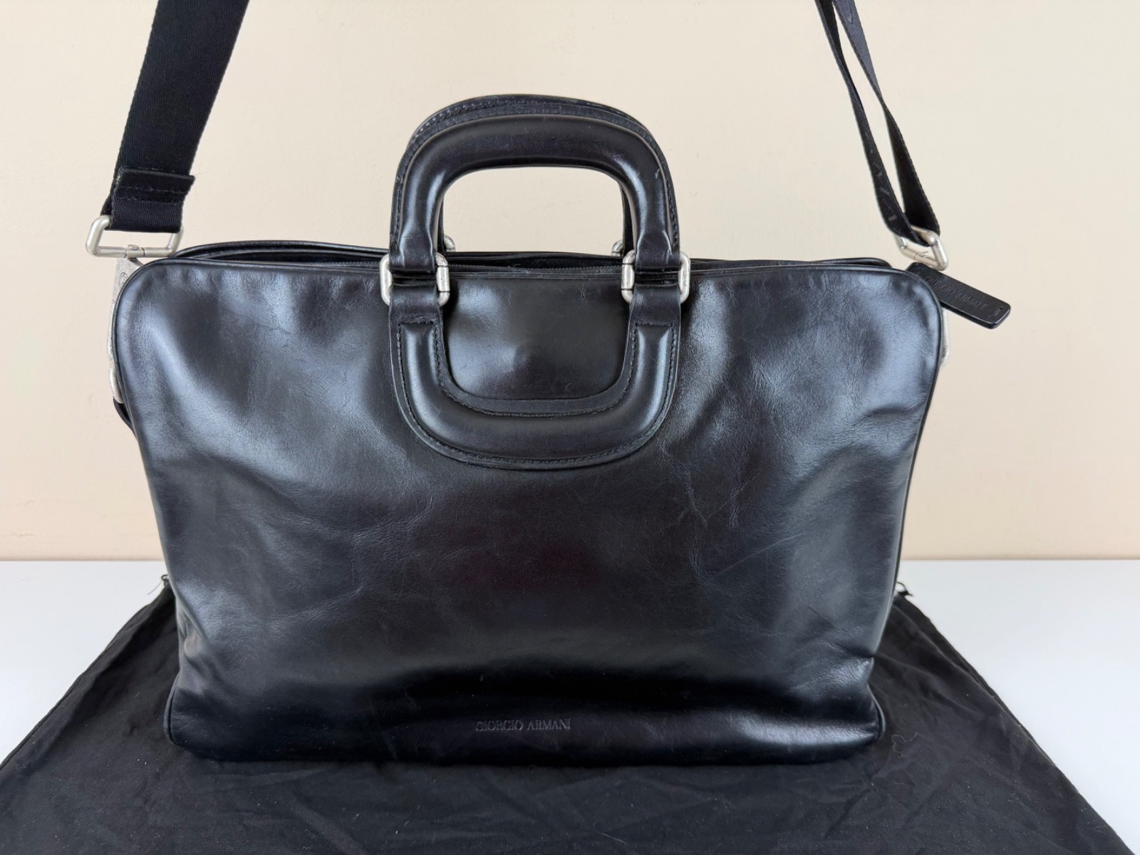 Giorgio Armani Black Leather Briefcase/Business Bag with Shoulder Strap