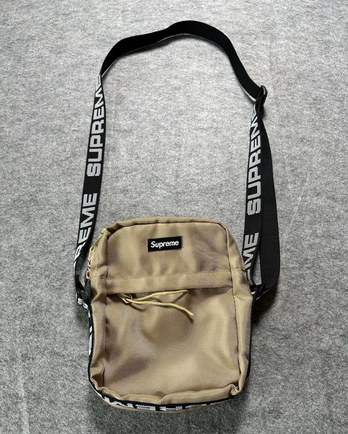 Supreme Small Beige/Black Crossbody Bag, Zip Closure, Adjustable Logo Strap