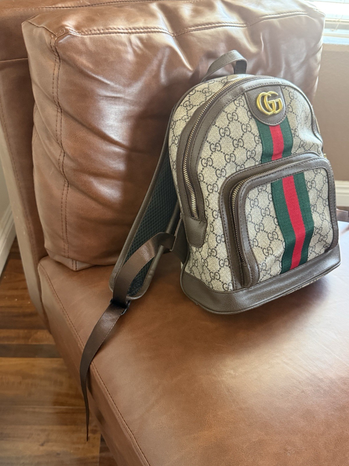 Gucci GG Pattern Small Backpack Green/Red Web Stripe Zip Closure Pockets