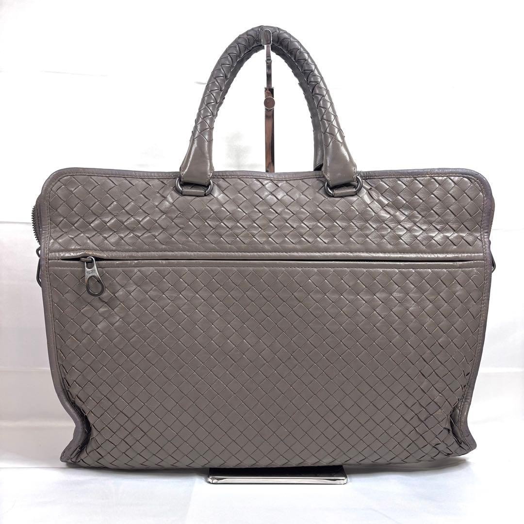 Auth BOTTEGA VENETA Intrecciato Leather Brown Briefcase Business Bag Greige