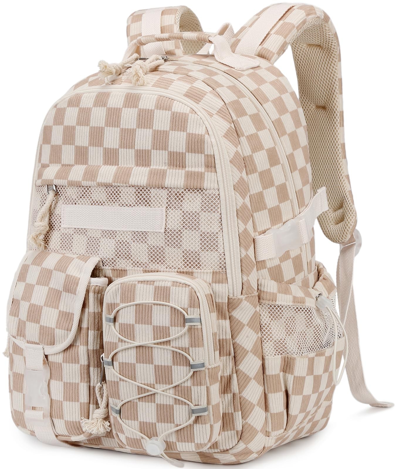 School Backpack Teen Girls Checkered Bookbags Elementary Laptop Bags Brown White