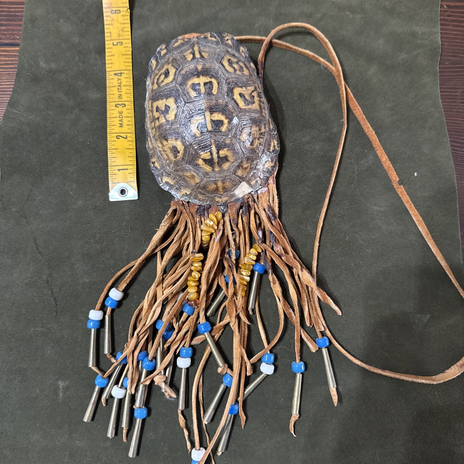 VINTAGE Hand Made Turtle Shell Medicine Bag Stash Purse Beaded Fringe Taxidermy