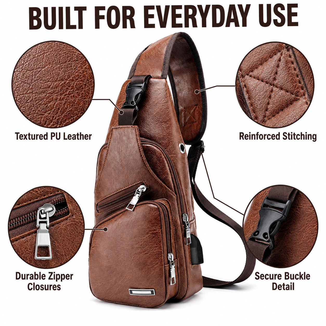 Chest Crossbody Bag Sling Backpack for Men with USB Charge Port Hole