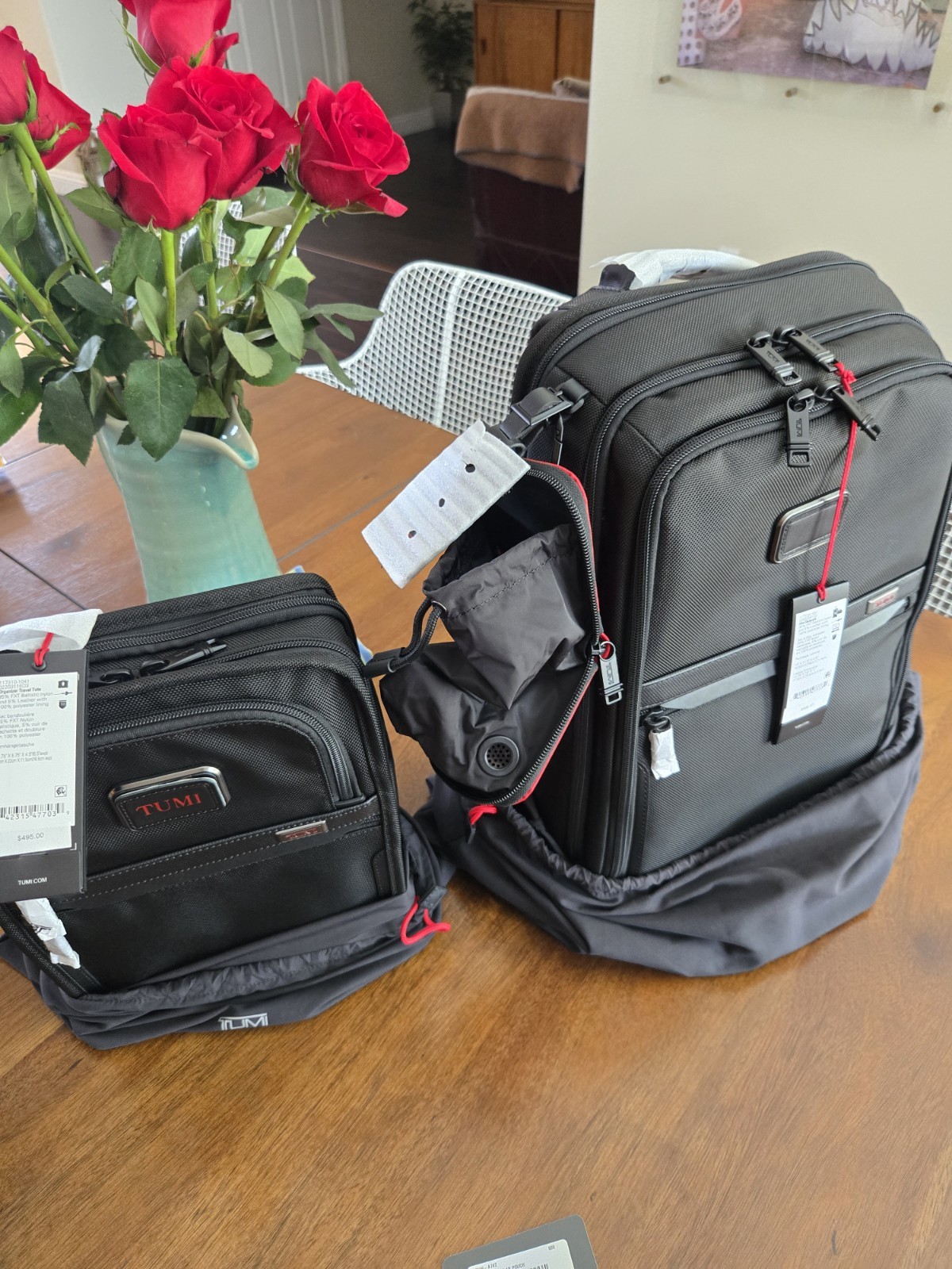 NWT TUMI ALPHA Blk Ballistic Nylon Slim Backpack+Red Pouch+Organizer Travel Tote
