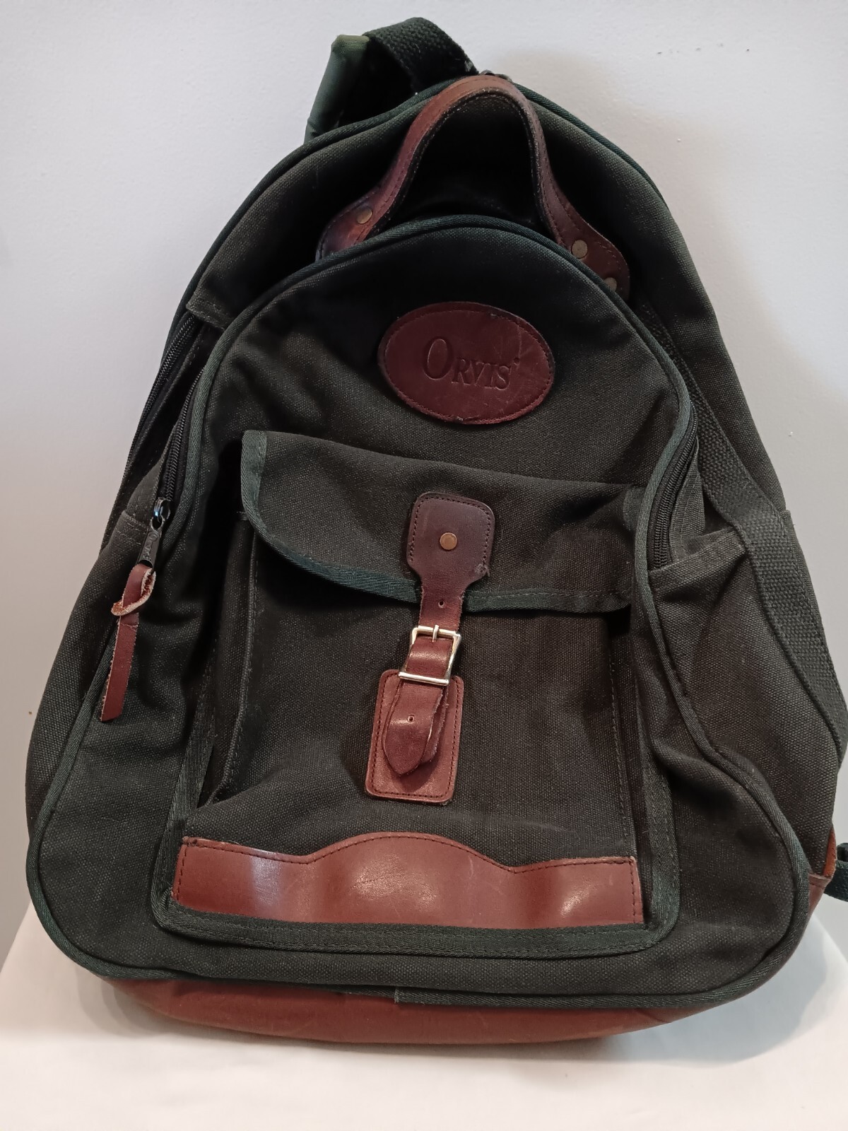 Vintage Orvis Battenkill Canvas & Leather Backpack Dark Hunter Green Bookbag
