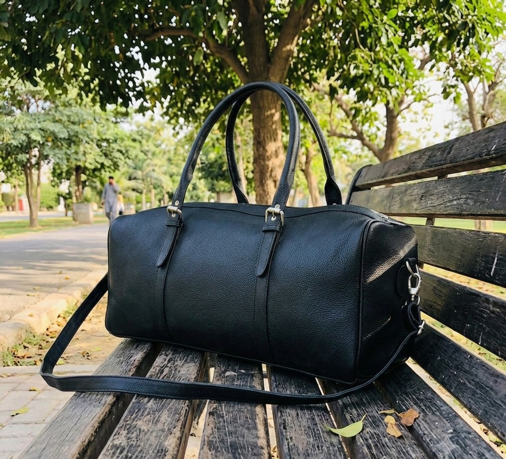 Black Lambskin Leather Duffle Bag: Handcrafted Weekend Travel Bag