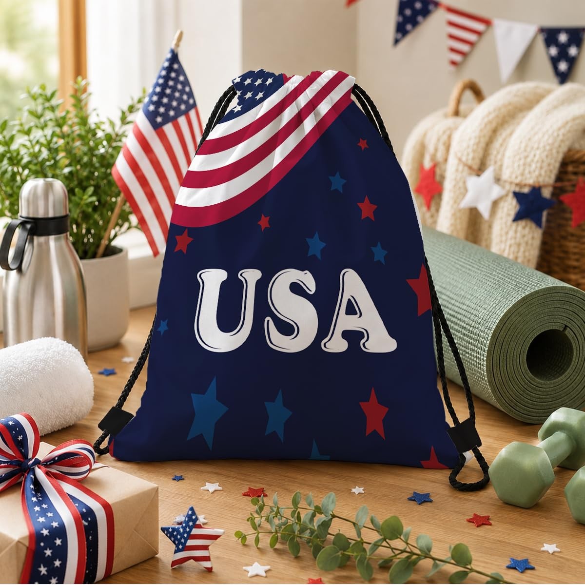 Drawstring Backpack, Wavy Flag Sports Gym Bag, USA Letter Print Sackpack for …
