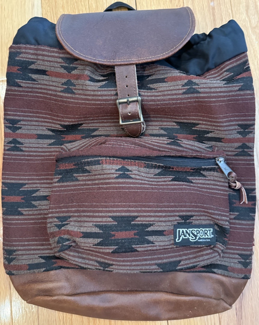 VINTAGE JANSPORT AZTEC LEATHER BACKPACK DRAWSTRING SCHOOL HIKING MADEIN USA RARE