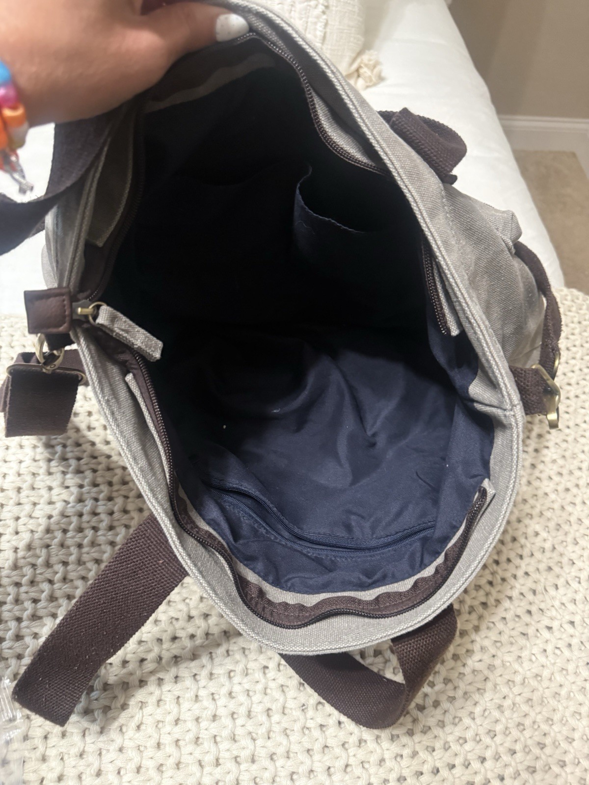 DALLU Gray/Brown Solid Tote Bag Shoulder Strap Zip Closure Inner Pockets