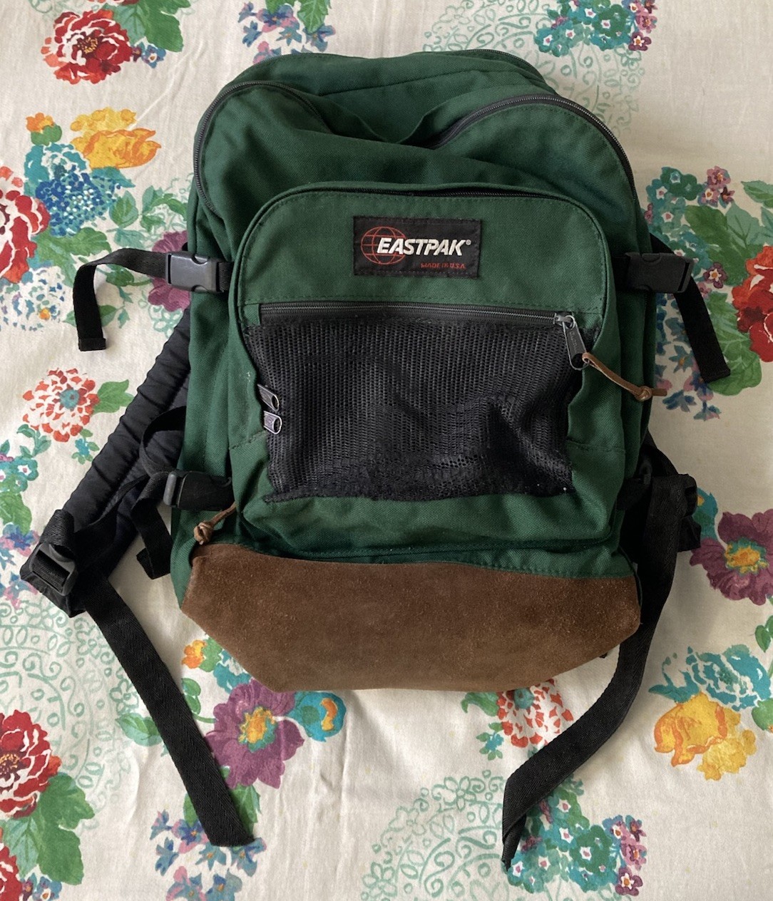 VTG 80s 90s Eastpak USA Made Forest Green Brown Leather Hiking Daypack Backpack