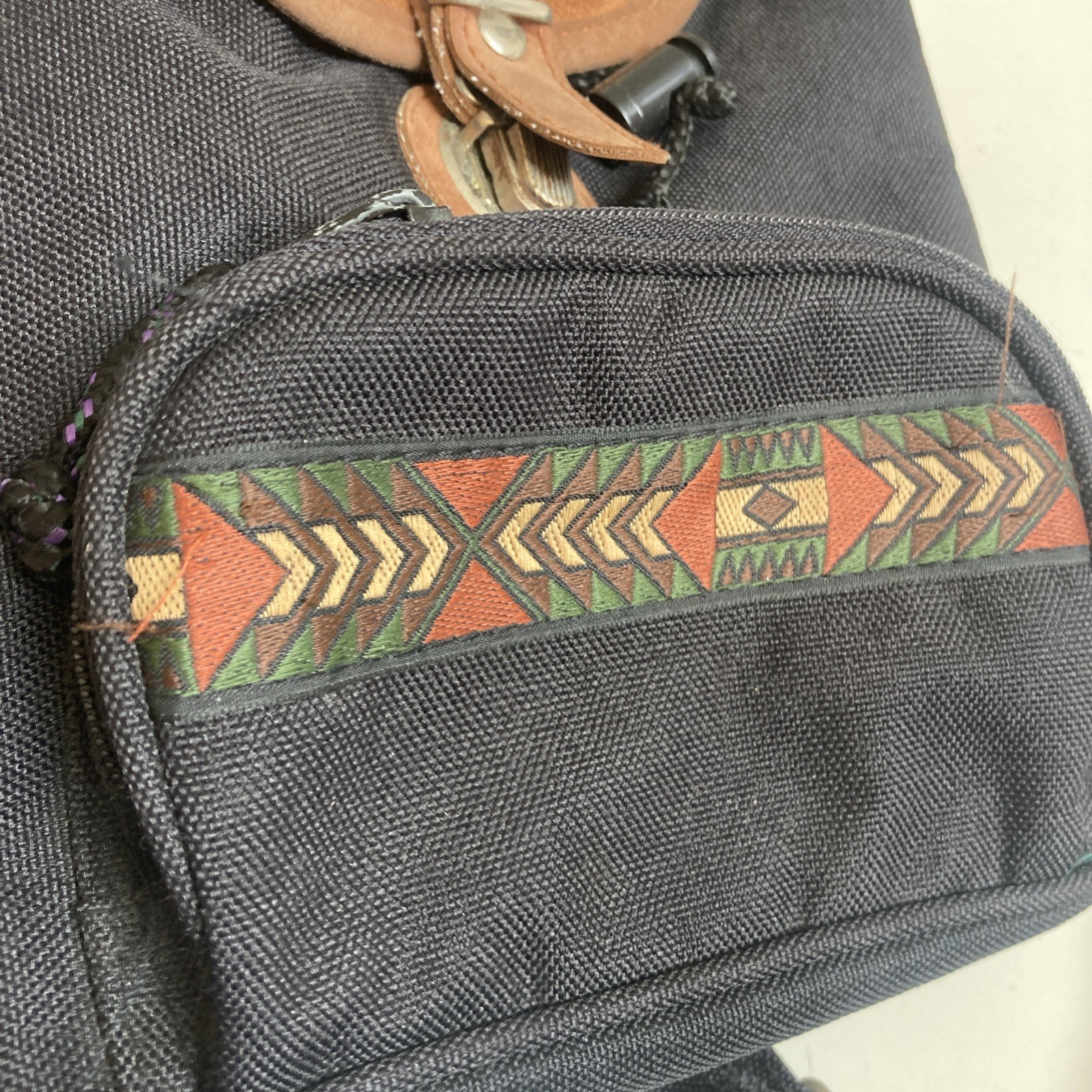 Vintage 90s Mini Suede & Canvas Backpack Black Purse Aztec Bottom Zipper Storage