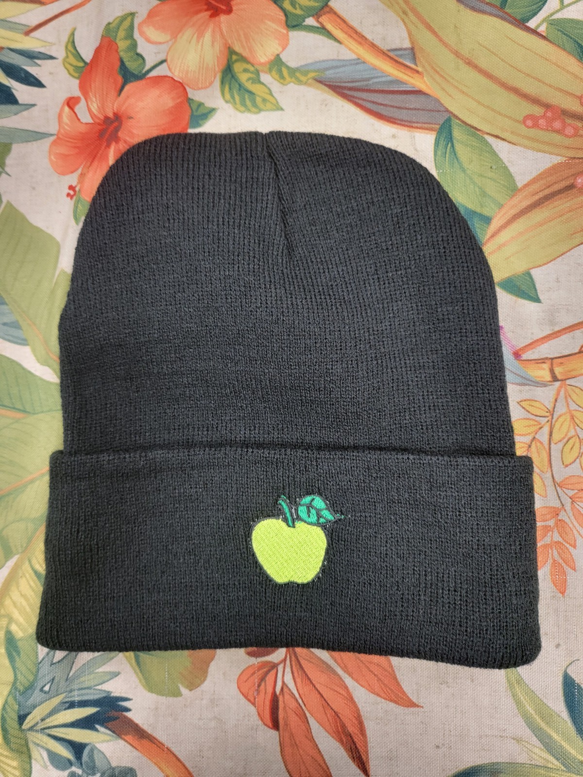 Green apple embroidered beanie hat, custom embroidered winter beanie