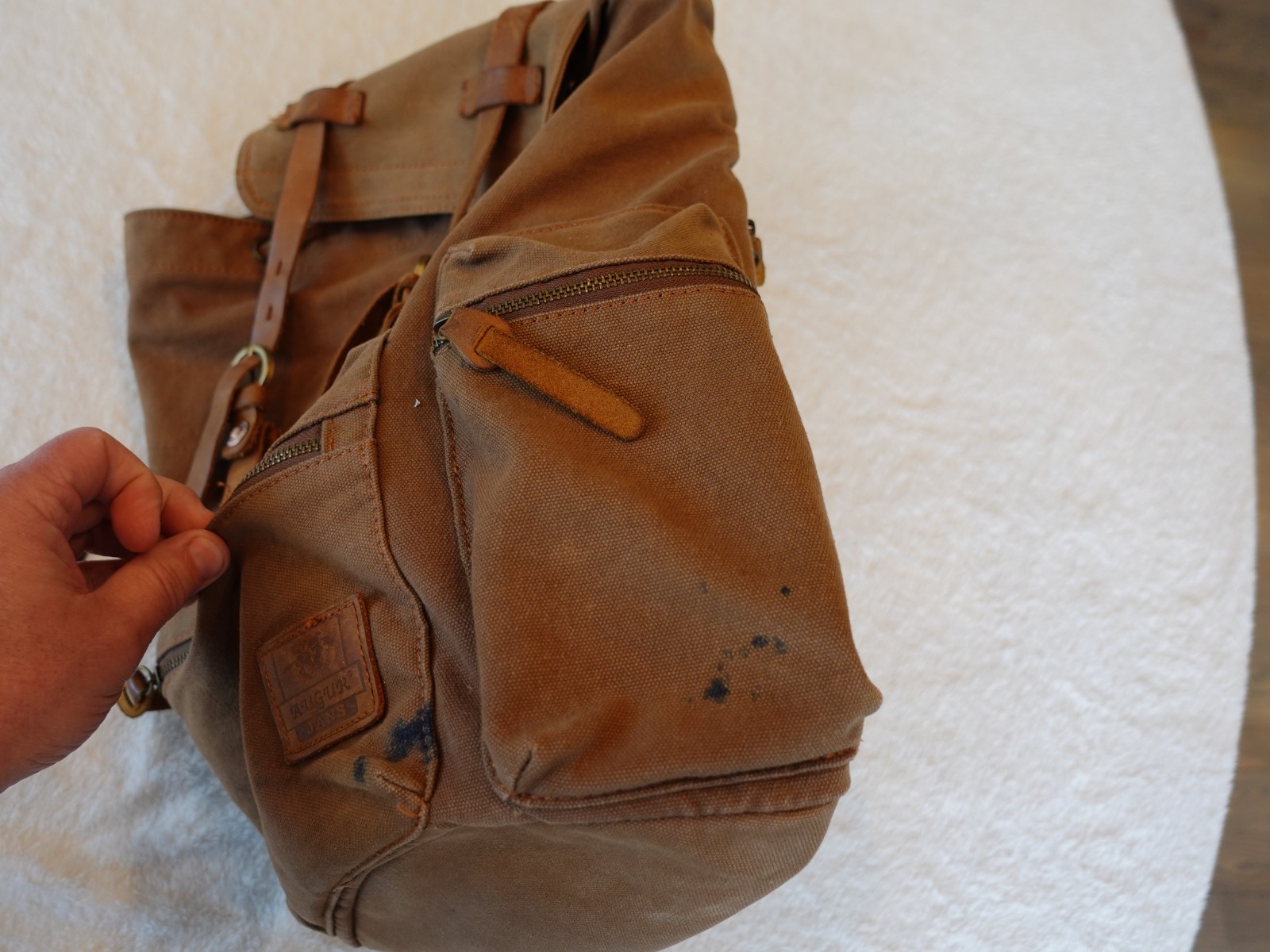 Augur Jans Brown Canvas Leather Strap Backpack Hiking Travel School Boho