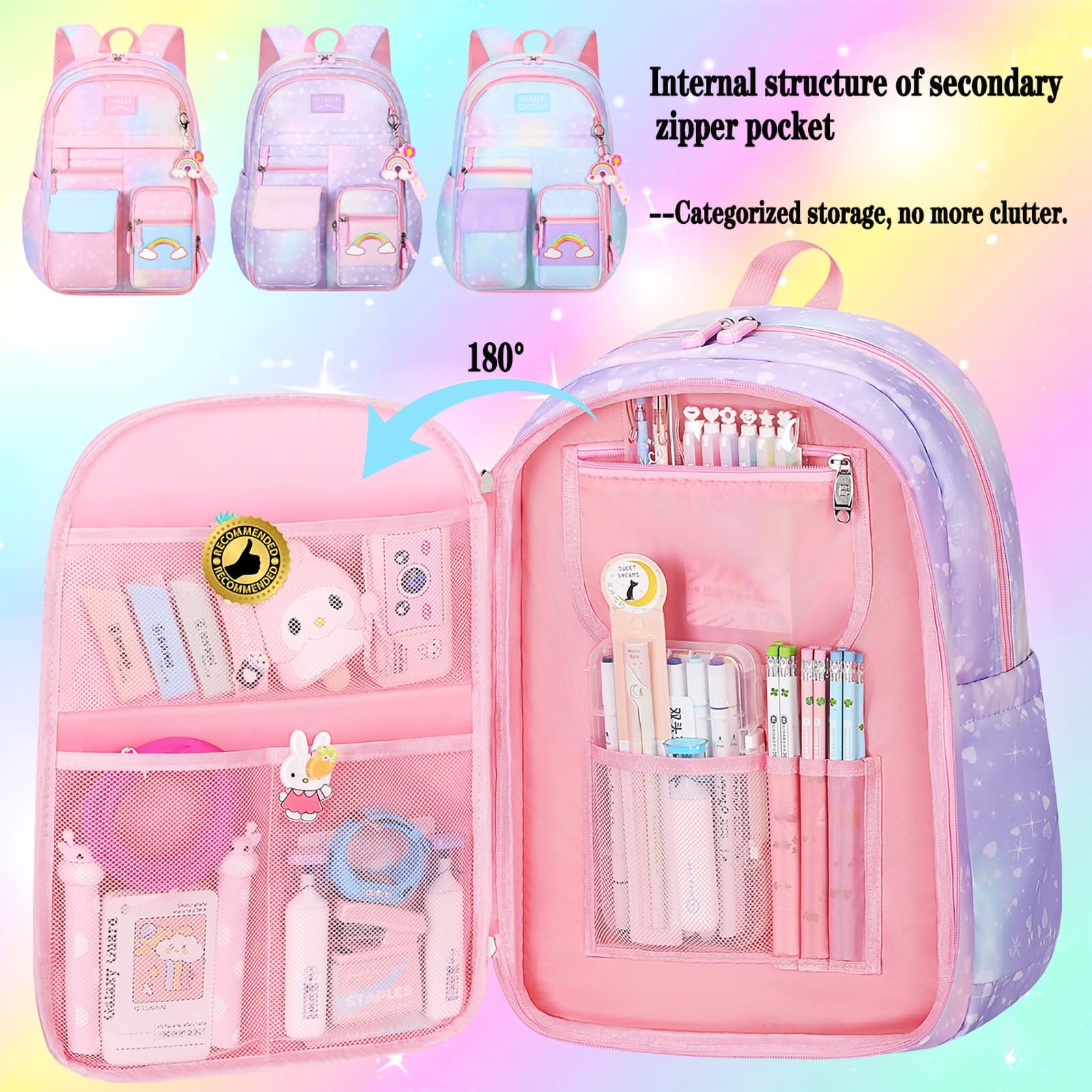 Rainbow Backpack for Girls Cute School Bag with Pen Bag Aesthetic Starry